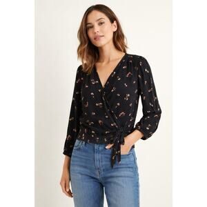 Madewell Floral Wrap Blouse XXS Black Long Sleeve Tie Waist Lightweight Top